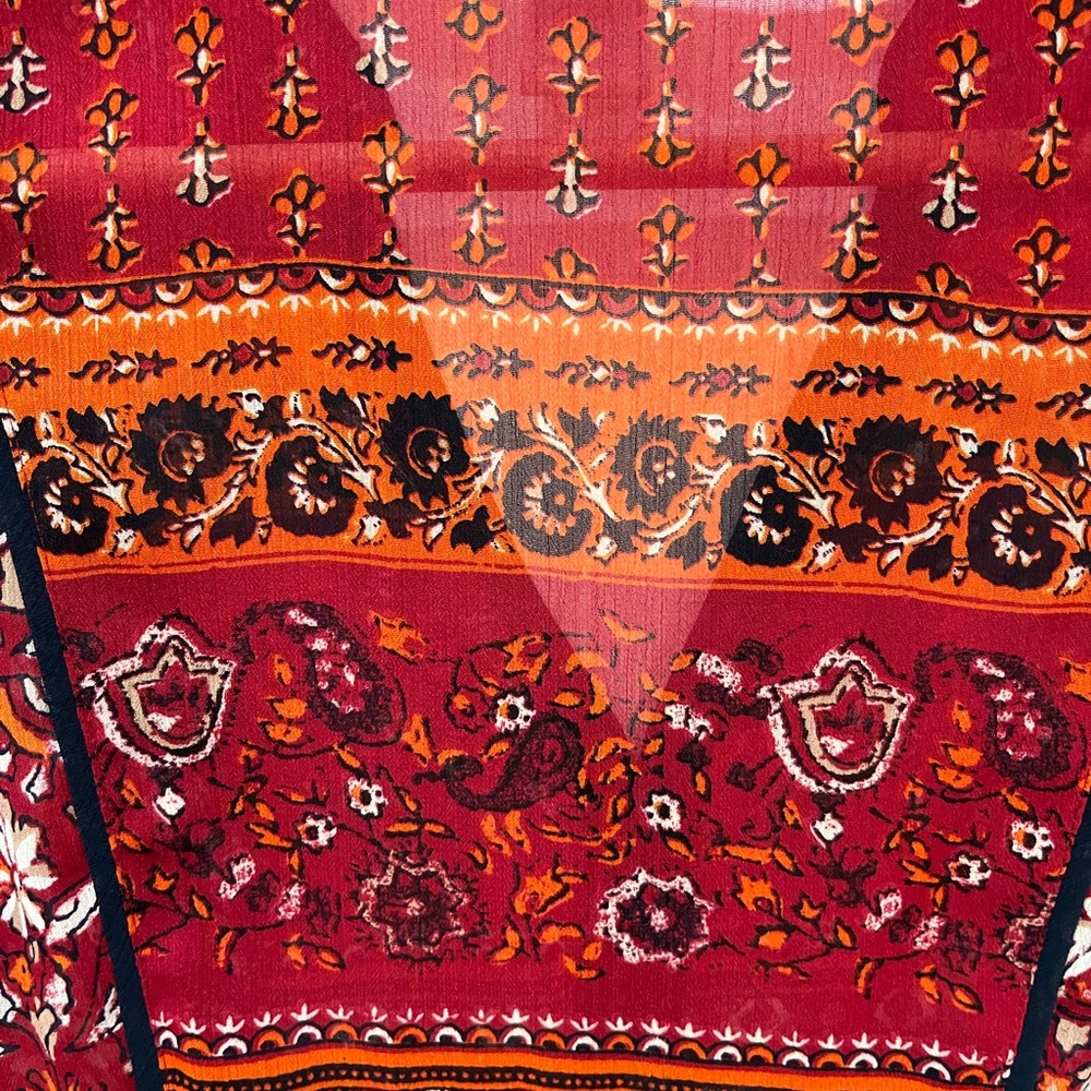 LUCKY BRAND BOHO FLORAL V-NECK RED ORANGE SLEEVELESS SHEER BLOUSE SIZE SMALL - Picture 13 of 16